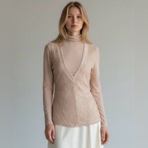 Vintage Guess Blush Lace‎ Top Sheer Long Sleeve Blouse Medium